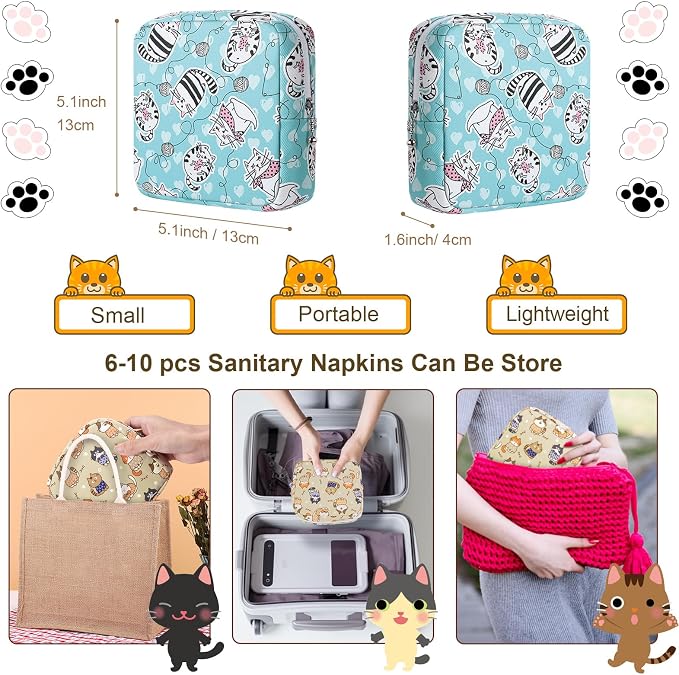 Likesing Period Bag Pouch, Canvas Sanitary Napkin Storage Bag for Girls Womens, Portable Sanitary Napkin Period Pad Pouch for Purse, Small Make Up Bags(Blue Cat N0461)