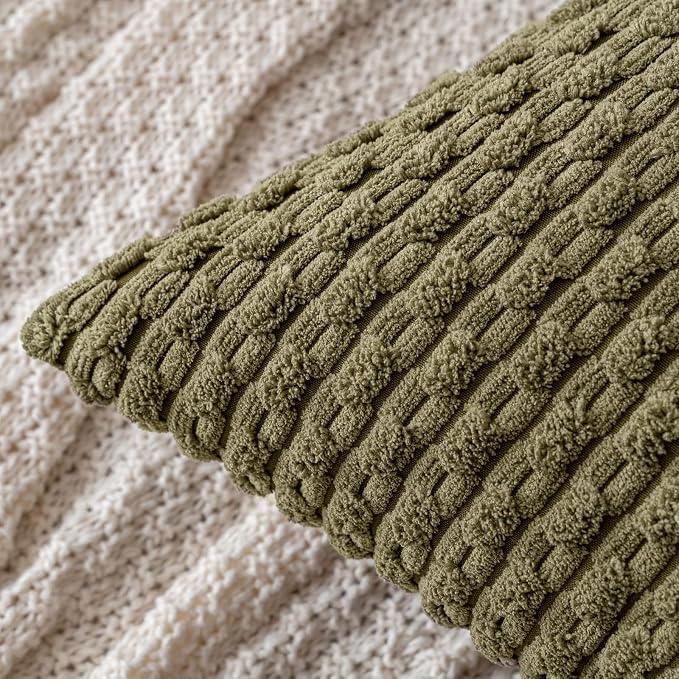 MIULEE Decorative Throw Pillow Covers 16x16 Olive Green Textured Corduroy | Pack of 2 Striped Pillow Covers Modern Farmhouse Coastal Home Decor for Couch Bed Sofa Living Room