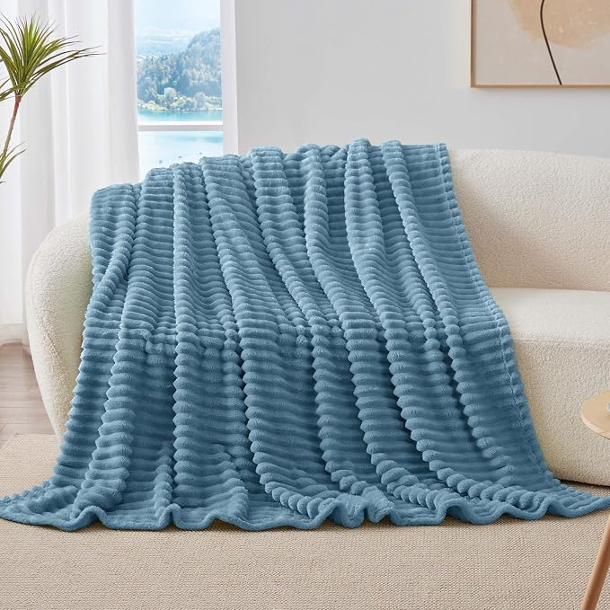 BEDELITE Ribbed Fleece Throw Blanket for Couch, Blue, 50"x70" | Ultra-Soft Plush Fleece, Warm Yet Lightweight, Ribbed Texture, Home Decor, Machine Washable, Giftable, All-Season Use