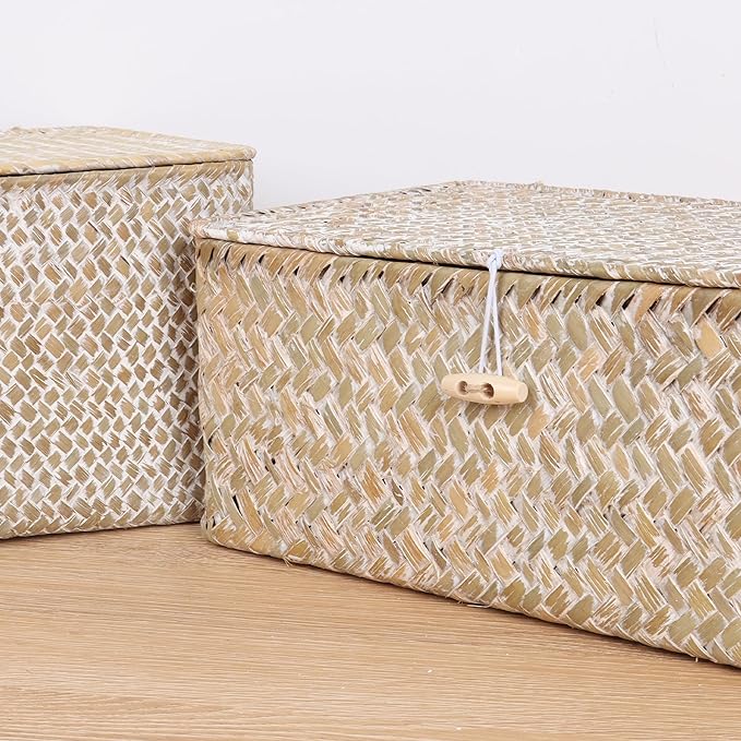 FEIALNDUO Wicker Shelf Baskets with Lid,Seagrass Storage Basket Bins Rectangular Handwoven Basket Boxes for Shelves Desktop Home Organizer (Whitewash, Medium)