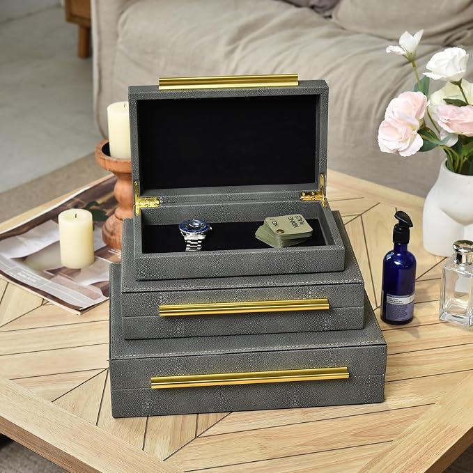 DECOR4SEASON Faux Shagreen Decorative Stackable Storage Boxes – Set of 3 | Jewelry Organizers with Gold Metal Handles & Velvet Lining, Modern Grey Box for Vanity, Entryway & Coffee Table Décor