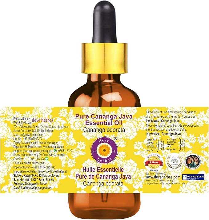 Deve Herbes Pure Cananga Java Essential Oil (Cananga odorata) with Glass Dropper Steam Distilled 30ml (1 oz)
