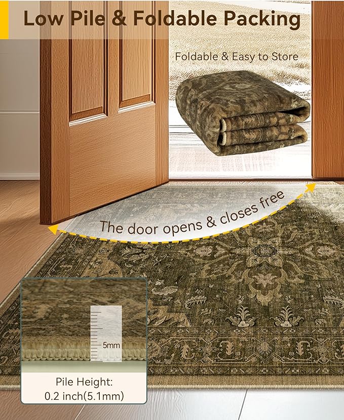 RELEANY Area Rugs 7'x10' Washable Non-Slip, Floral Vintage Distress Medallion Carpet for Living Room Bedroom Dining Room, Brown Dark Brown
