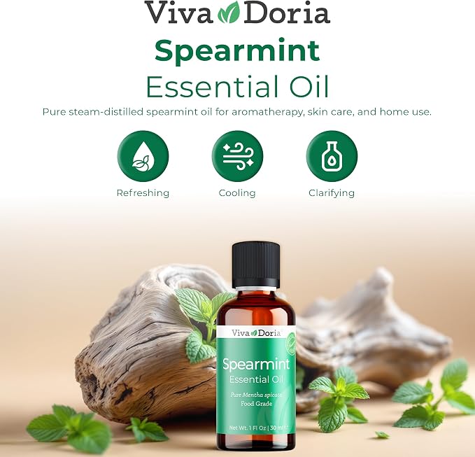 Viva Doria Spearmint Essential Oil, 100% Pure, Natural Essential Oil, Mentha Spicata Variety, Undiluted, for Aromatherapy | Food Grade, 30 mL (1 Fluid Ounce)