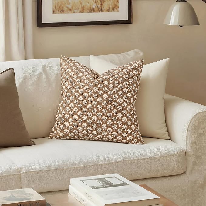 MIULEE Floral Print Decorative Pillow Covers 18x18, Cognac | Vintage Boho Farmhouse Modern Home Decor, Set of 2, Block Print Cushion Covers for Couch Sofa Bed Living Room