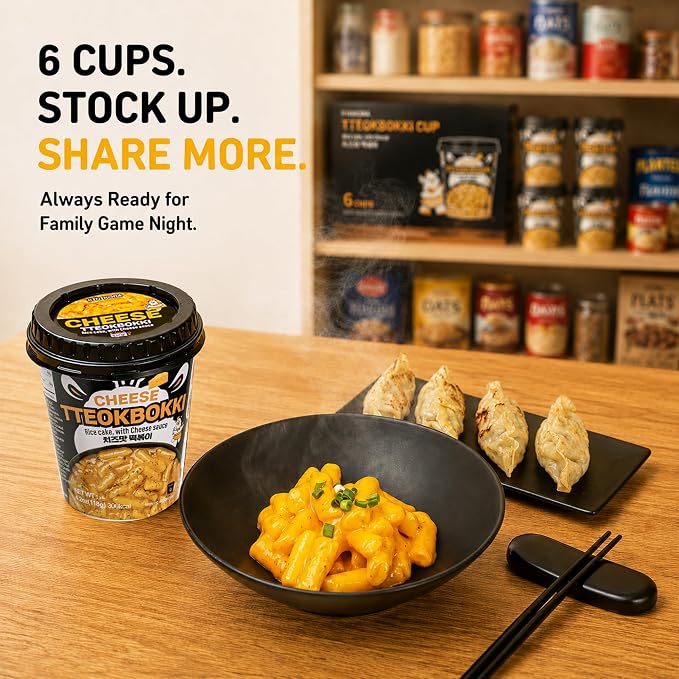 KINIKORA Cheese Instant Rice Cake Cup 6-Pack, Korean Street Food Tteokbokki | Rich cheesy creamy sauce, Topokki style K-food, Chewy texture, Quick 2 min microwave cup meal, 6-pack bundle set