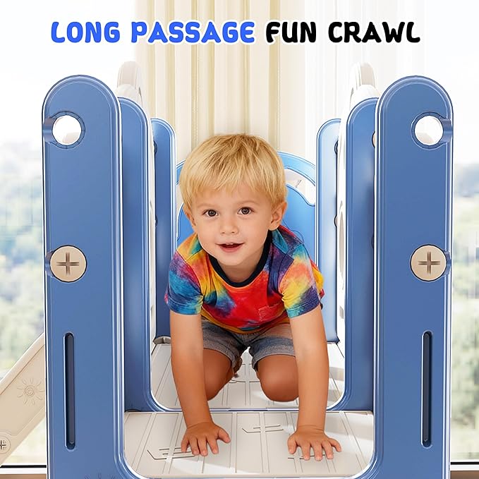 GITAWUSA 8 in 1 Toddler Slide, Outdoor Indoor Playset for Kids Baby Age 1 2 3, Childs Climber Slide with Storage Space and Non-Slip Steps, Basketball Hoopa and Telescope, Blue & White