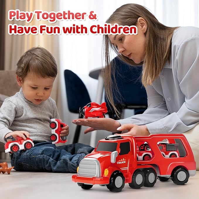 MindPal Fire Truck Toy for 3 4 5 6 7 Years Old Toddler Boys, 8-in-1 Fire Car Carrier Vehicle Set for Boys Age 3-5, Transport Car with Light & Sound, Kids Toys Cars Set for Birthday