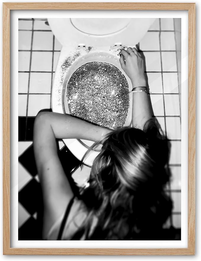 EcoHest Small 8x10 in After the Disco Party Framed Wall Art for Bathroom | Natural Oak Wood Frame, Canvas Wall Art, Black & White Funny Wall Decor for Bathroom, Bedroom, Dorm Room, College Room, 1Pack