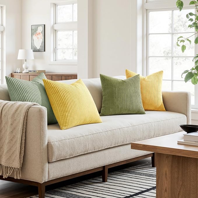 MIULEE Soft Corduroy Decorative Throw Pillow Covers Yellow Green 20x20 | Set of 4, Mordern Nordic Decor, Lime Lemon Green Set, Boho Farmhouse Cushion Covers for Couch Bed Sofa Living Room