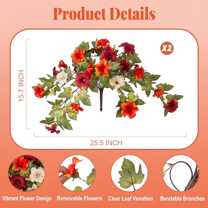 Ammyoo Artificial Fall Flowers Fake Petunias Plants for Outdoor Decoration | 2 Pcs UV Resistant Faux Silk Flowers No Fade Floral for Autumn Garden Balcony Yard Porch Realistic Indoor Decor No watering