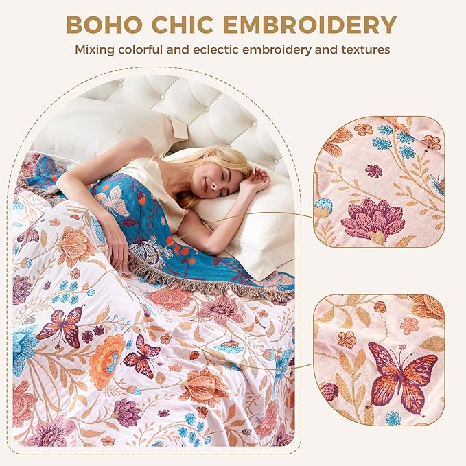 LUTBM Boho Throw Blanket for Bed 60"x80", All Season Cotton Couch Blankets | Reversible Floral Butterfly Embroidery, Lightweight Breathable Twin Quilt, For Chair Sofa Bedroom Living Room, Home Decor