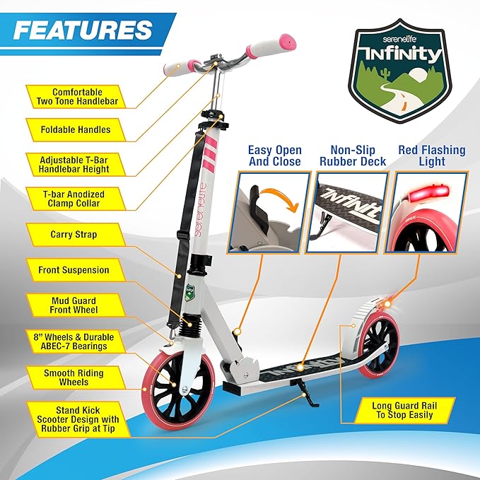 SereneLife Two Wheel Scooter for Teens, Smooth Gliding Kick Scooter for Adults w/Adjustable Height for Ages 8+, Portable All Terrain Scooter w/Carry Straps, Easy to Fold