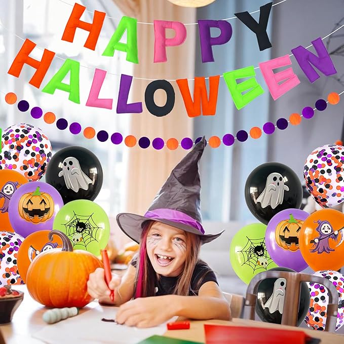 Pre-Strung 3D Felt Happy Halloween Banner - Reusable Happy Halloween Decoration Sign,Orange Purple Black Felt Ball Garland, Pom Pom Garland, Horror Party Decorations, Photo Prop