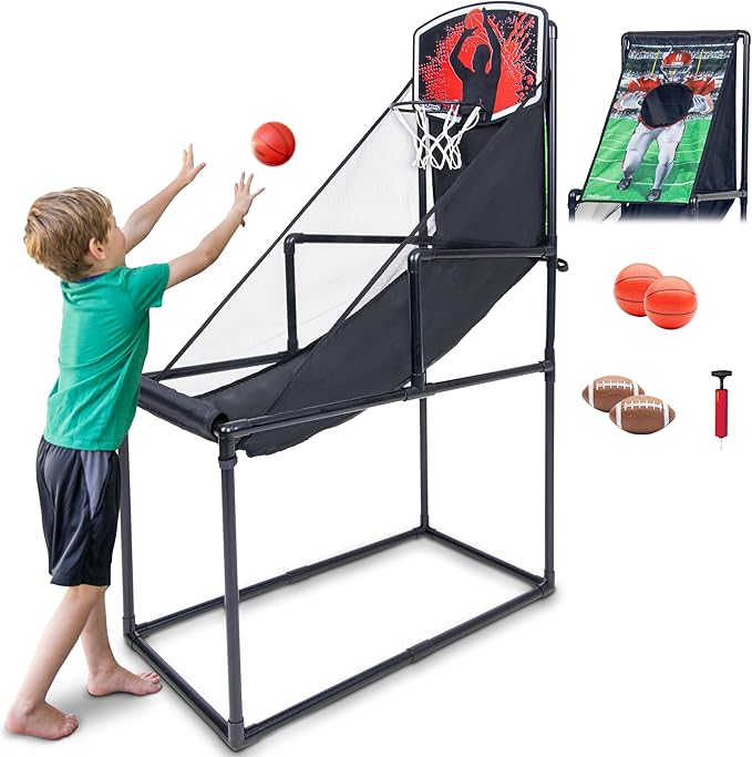 GoSports 2 in 1 Basketball & Football Toss Arcade Game - Indoor & Outdoor Toy Hoop for Kids Ages 3-8