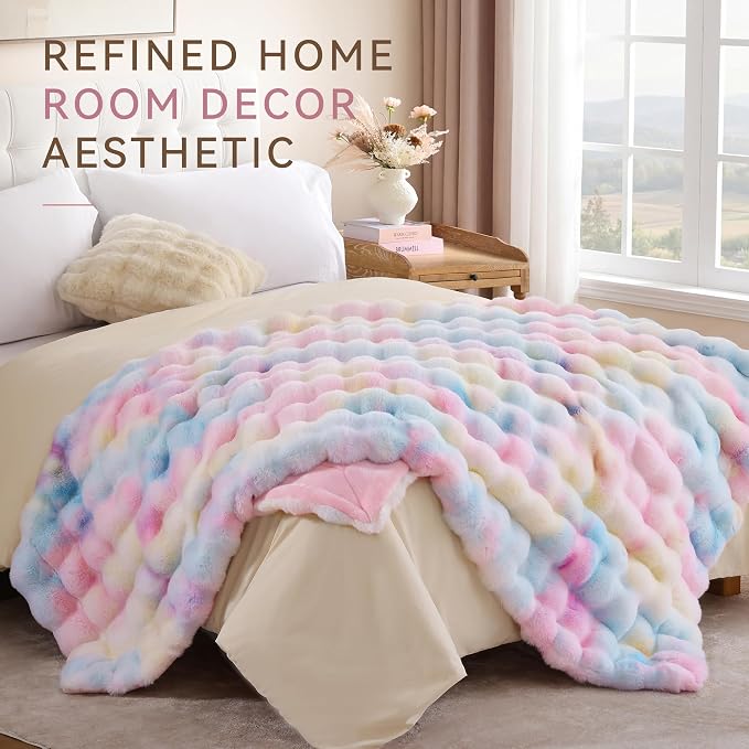 Faux Rabbit Fur Throw for Couch - Rainbow Bubble Blanket 60"x80" | Fluffy Plush Fuzzy Colorful Throw for Sofa & Bed, Super Soft Cozy Comfrt Blanket, Luxury Rainbow Decor Gift for Women