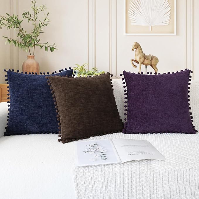 CaliTime Decorative Couch Throw Pillow Covers 22 X 22 Inches Coffee | Pack of 2, Cozy Chenille Cushion Cases, with Pom Poms for Sofa Bed Living Room Farmhouse Home