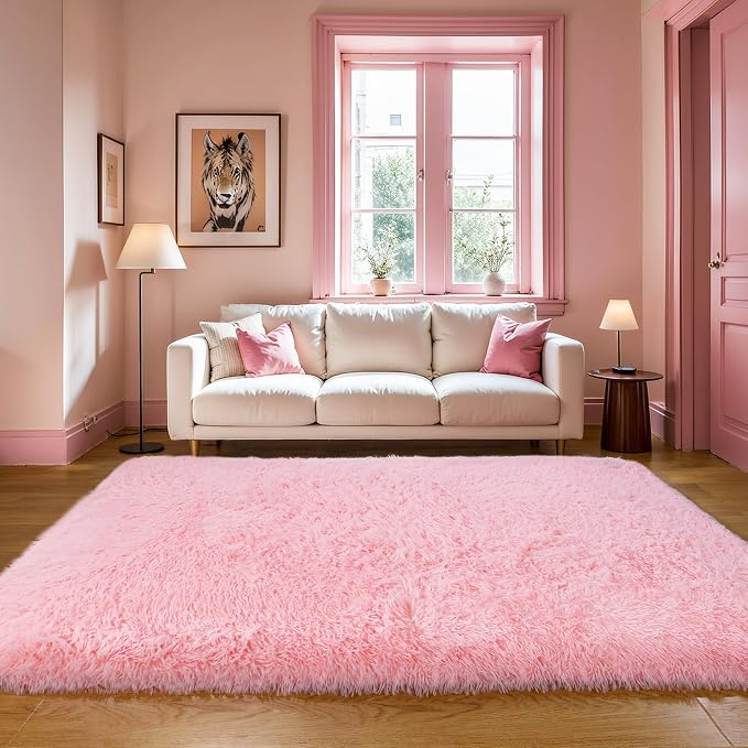 KICHOWUA 4x6 Thick Pink Fluffy Shag Plush Washable Rug for Girls Bedroom | Area Rug for Kids Room, Nursery, Dorm, Living Room, Non Slip Shaggy Carpet