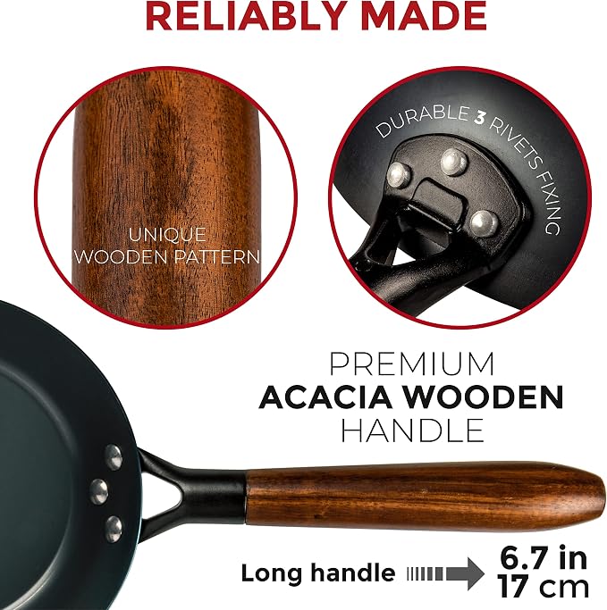 YOSUKATA 7.9" Carbon Steel Frying Pan – Non-Toxic Pre-Seasoned Skillet with Removable Wooden Handle – Coating-Free Wok-Style Pan for Gas, Induction, Electric, Oven & Grill BBQ