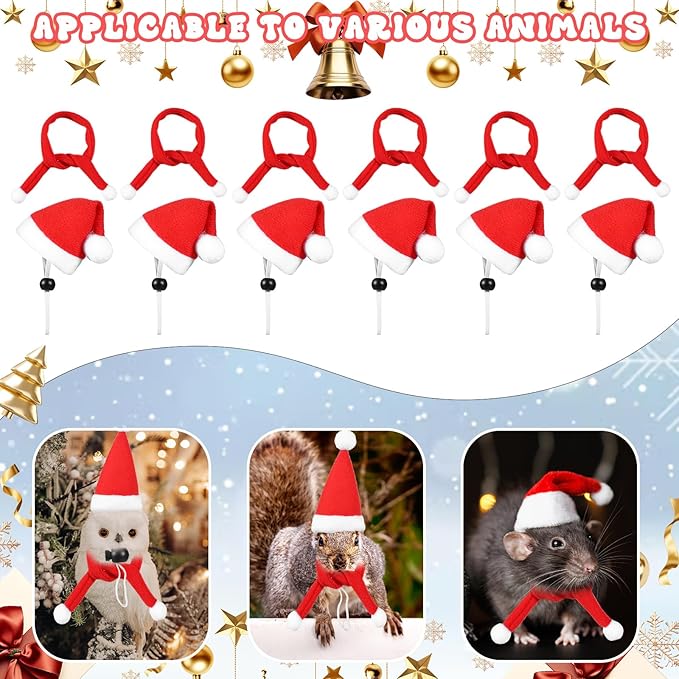 12pcs Christmas Pet Chicken Hat Scarf Set, Mini Adjustable Santa Hat Small Animal Hat Costume Set for Doll Hen Duck Hamster Guinea Pig Rabbit Kitty Puppy Parrot Lizard Xmas Cosplay Party Supply