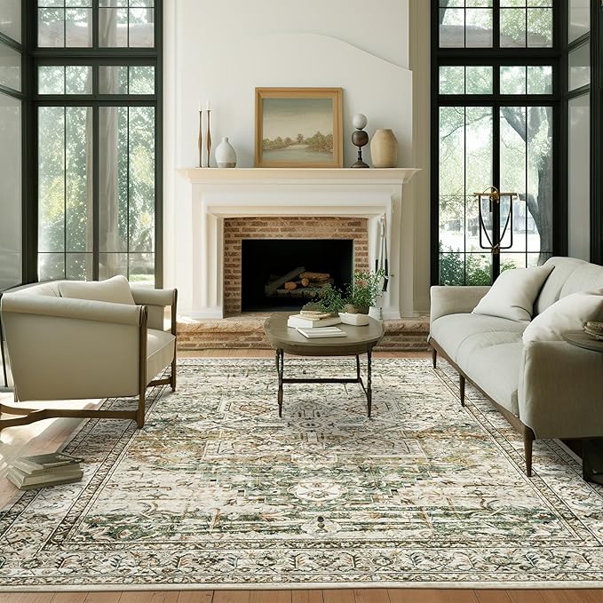 Soalmost 9x12 Area Rugs for Living Room Washable Rug Non-Slip Olive Beige | Large Vintage Stain Resistant Carpet for Dining Bedroom, Low Pile Lightweight Foldable Floor Mat Nursery Home Office Decor