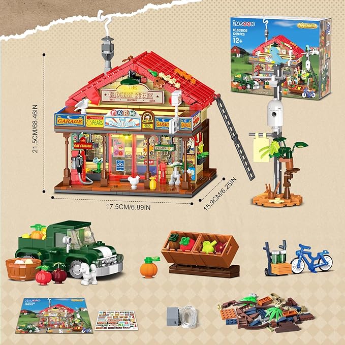 Country General Store Building Set for Adults with Lights, 1709 PCS Vintage Shop House Construction Building Block Kit, Home Decor Cabin Architecture Model for Women Men Teens Boys Girls 12+