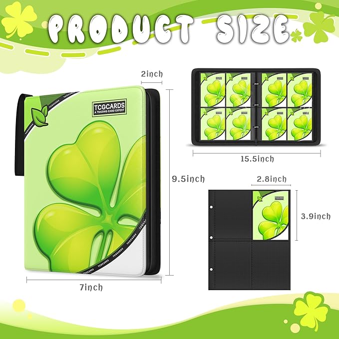 Trading Card Binder 4 Pocket, Card Binder 400 Pockels Card Book Holder Cards with 50 Removable Sleeves, 3-RingZip Design MTG/TCG/Sport Collectible Trading Card Albums Gifls for Boys and Girls (Leaf）