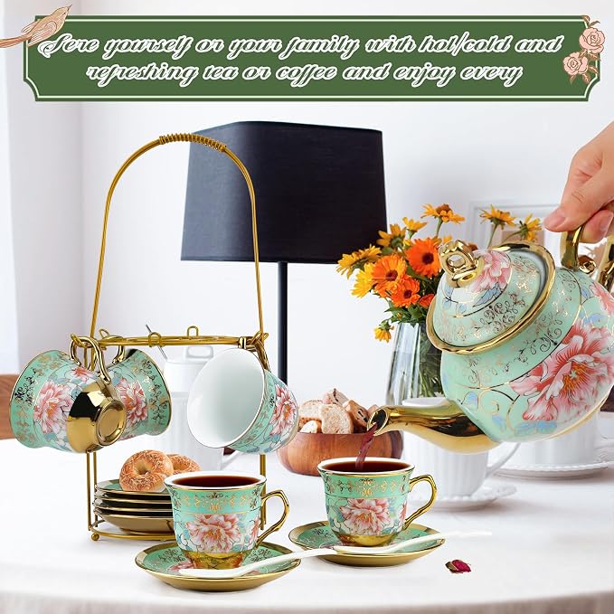20Pcs European Ceramic Tea Set with Metal Stand, Porcelain Vintage Floral Tea Cup and Saucer Set for 6 People, Complete Gift Set with Teapot, Spoons for Wedding, Bridal Shower, Afternoon Tea Party
