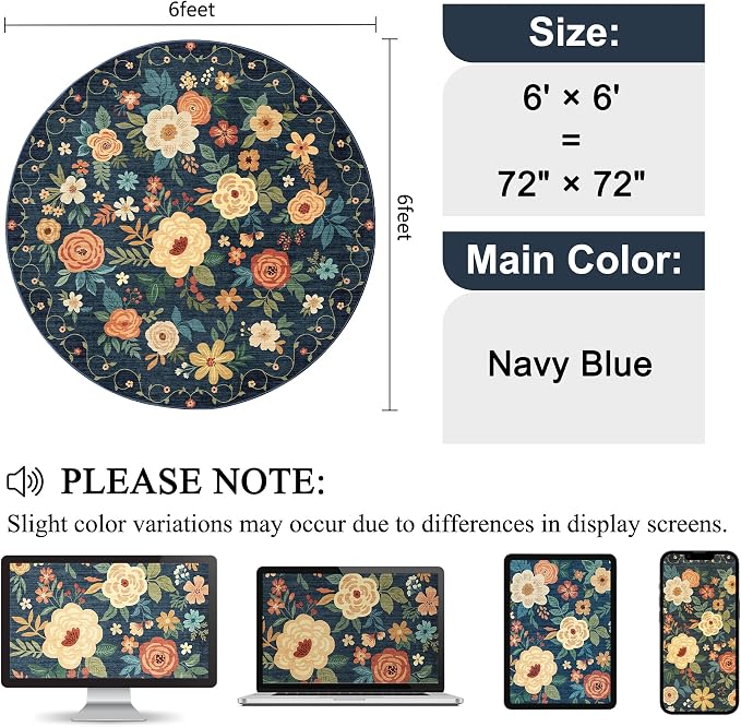 DUKINO 6ft Round Rug, Washable Circle Rug for Bedroom Non Slip, Navy Blue | Low Pile, Stain Resistant Indoor Rug for Living Room, Dining Room, Kids Room, Office, Pet Friendly, Home Decor, Non-Shedding