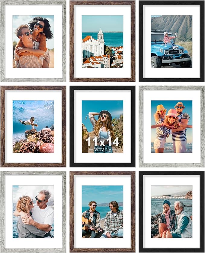 Vittanly 11x14 Picture Frames Set of 9 for Wall Mounting, Black&Brown&Grey | Display Pictures 8x10 with Mat or 11x14 without Mat, Engineered Wood with Shatter Resistant Plexiglass, Gallery Photo Frames
