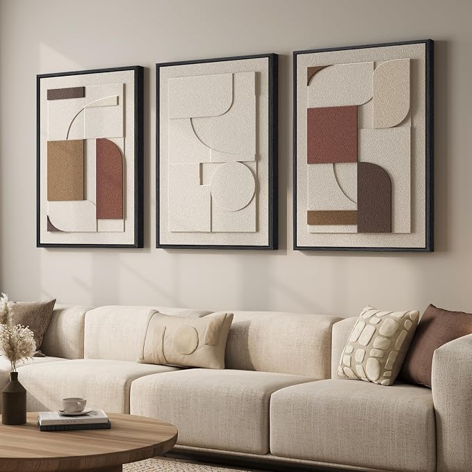 Large Framed 3D Textured Neutral Abstract Wall Art for Living Room, 3 Piece | Solid wood frames, texture paintings, modern artwork for walls, minimalist geometric pictures, wall decor for bedroom office