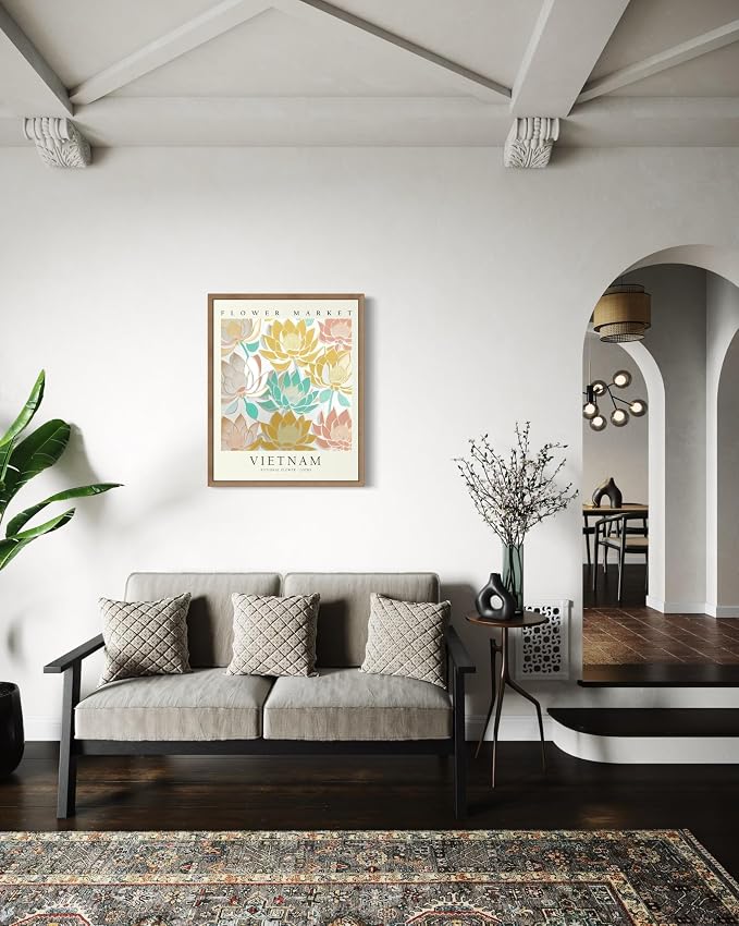 Vietnam Flower Market Art Print Poster, Wall Art Floral Painting Botanical Decor for Bedroom, Kitchen, Bathroom Livingroom Decoration 82B (Vietnam, 20"L x 16"W, Wood Frame)
