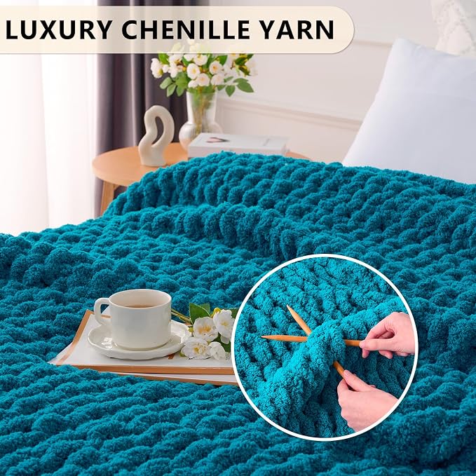 L'AGRATY Chunky Knit Throw Blanket for Couch, 60'' x 80'' Knit Throw, Teal | Handmade Chenille Crochet Blanket for Sofa Bed, Thick Cable Knitted Blankets for Room Home Decor, Birthday Gift for Women Mom