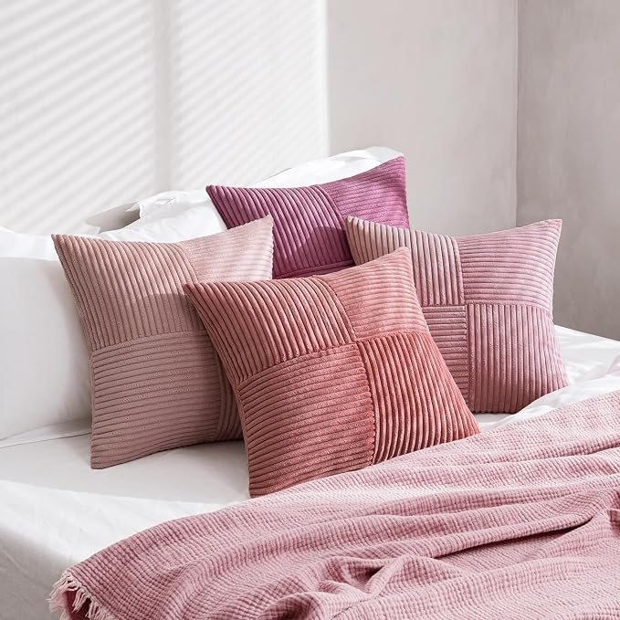 MIULEE Aesthetic Pink Throw Pillow Covers 18x18 Inch Set of 4 Spring Decorative Coquette Cushion Cases Cute Gradient Pillow Cases Corduroy Home Decor for Couch Sofa Living Room Bed Valentine Decor