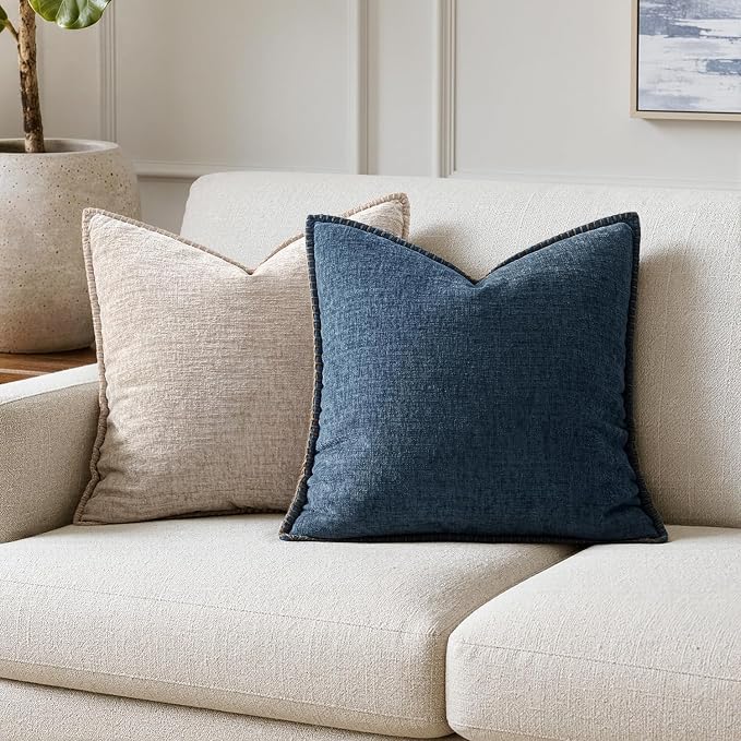 MIULEE Decorative Couch Throw Pillow Covers 18x18 Inch Dark Blue 2 Pack | Farmhouse Pillow Covers with Stitched Edge, Soft Chenille Cushion Cases, for Sofa Bed Living Room Home Decor