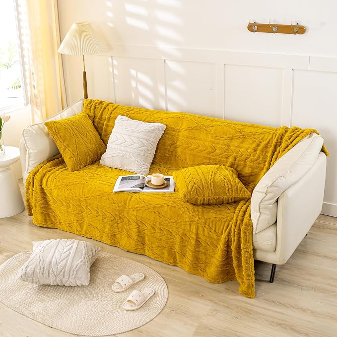 YUSOKI Sherpa Fleece Twin XL Size Blanket, Mustard Yellow, 65"x90" | 3D Stylish Design,320GSM, Non-Shedding, Lightweight for All Season Use, stays fluffy after repeated washes, Perfect Gifts
