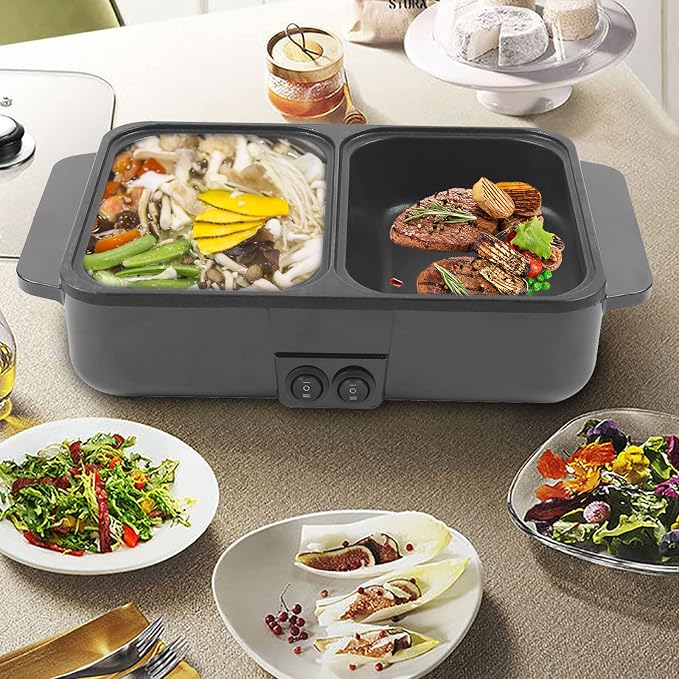 Hot Pot with Grill,2 in 1 Indoor Non-Stick Electric Hot Pot and Frying Pan,Independent Temperature Control,Portable Multifunctional Smokeless Korean BBQ Grill for 1-2 People (Black)