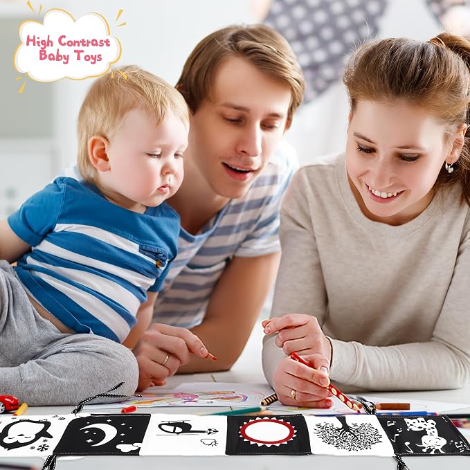 Black & White High Contrast Newborn Toys - Tummy Time & Brain Development - Soft Book, Montessori Sensory Toys (0-12 Months) Gift