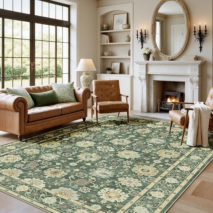 AMADA HOMEFURNISHING 5x7 Area Rug for Living Room, Vintage Washable Area Rug Low-Pile & Non-Slip Carpet for Bedroom Dining Room Nursery Home Office, Olive Green