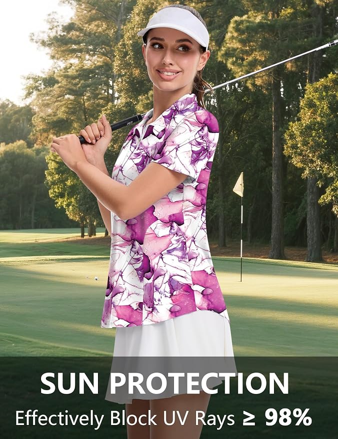 LOMON Womens Golf Polo Shirt Summer Short Sleeve Quarter Zip Outfit | Side-Pockets,Princess Seams,Cotton,Wrinkle Free,Moisture Wicking,Quick-Dry,Lightweight,Collared,for Tennis Workout