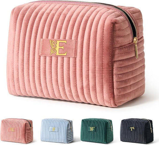 COSHAYSOO Customized Teacher Appreciation Gifts for Women Nurse Doctor Female Nursing Graduation Travel Makeup Bag Quilted Make Up Cosmetic Pouch Organizer Pink Velvet Monogram Initial Letter E