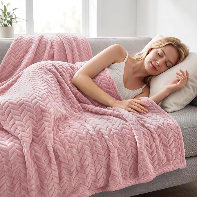 Exclusivo Mezcla Soft Fleece Bed Blanket Twin Size, 60”x80”, Pink | Cozy Fluffy Lightweight Blankets for Summer, Decorative Plush Flannel Throws for Living room, Bedroom with Leaves Pattern
