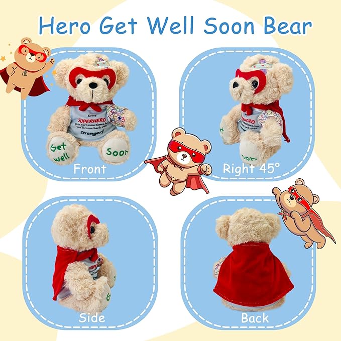 Superhero Get Well Soon Bear - 8" Broken Arm Stuffed Animal with Cape & Mask, Removable Doodle Bandage, Inspirational Gift for Surgery Recovery, Kids, Boys, Girls, Toddlers | Safety Certified Toy