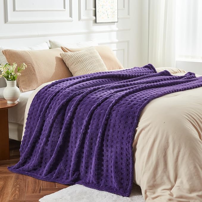 NEWCOSPLAY 3D Waffle Checkered Flannel Queen Blanket, Dark Purple, 90"x90" | Super Soft Cute Lightweight Decorative Premium Silky Fleece Blanket for Couch Sofa Bed, Gift for Women Men, All Season Use