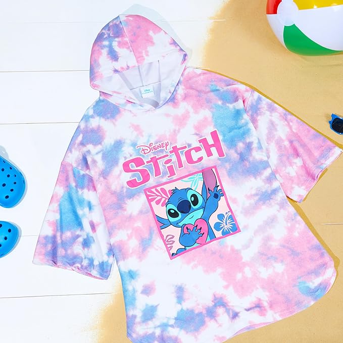Disney Stitch Bath Towel with Hood for Kids Teenagers Absorbent Cozy Poncho Hooded Beach Towel Wrap for Beach Pool Swimming Bath Vacation Essentials (Pink/Blue Stitch, 10-13 Years)