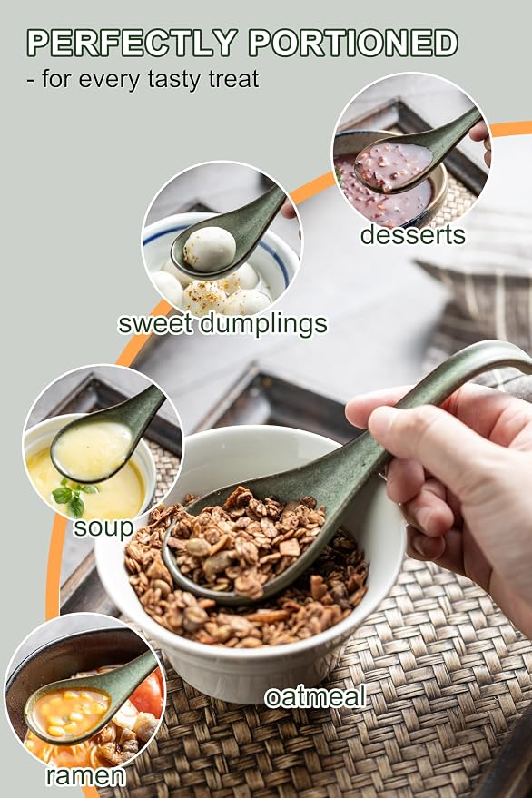 Asian Soup Spoon, Chinese Soup Spoons, Ramen Spoons, Japanese Ceramic Soup Spoon Set of 6,Thanksgiving Christmas Kitchen With Long Handle for Serving, Ramen, Pho, Noodles, Green