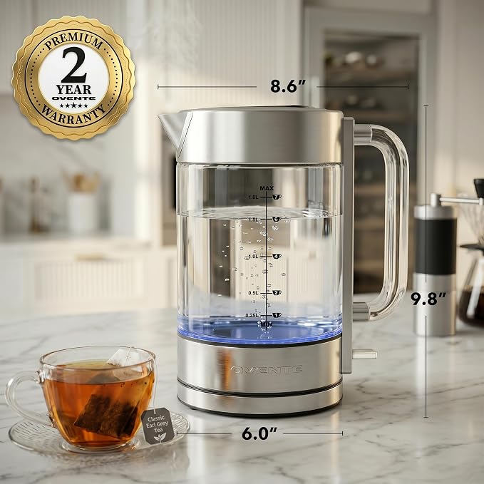 OVENTE Electric Kettle, 1.8L Tea Kettle Cordless with Borosilicate Glass Water Boiler, Stainless Steel Base, Acrylic Handle, 1500W Fast Boil Electric Kettle, Easy Fill Lid, Auto Shutoff, Silver KG911S