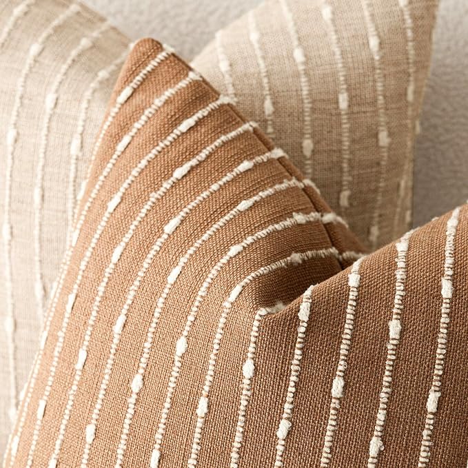 Foindtower Pack of 2 Decorative Jacquard Boucle Throw Pillow Covers Accent Textured Striped Pillowcases Cozy Modern Cushion for Couch Sofa Bedroom Living Room Home Decor 18x18 Inch Rust Tobacco