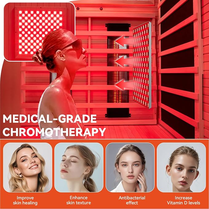 Full Spectrum Infrared Sauna, 2 Person Home Sauna with Red Light Therapy, 15 Minutes Pre-Warm up Indoor Dry Saunas with 2-in-1 Door Handle, 7 Color Light Belts, Canadian Hemlock, 110V