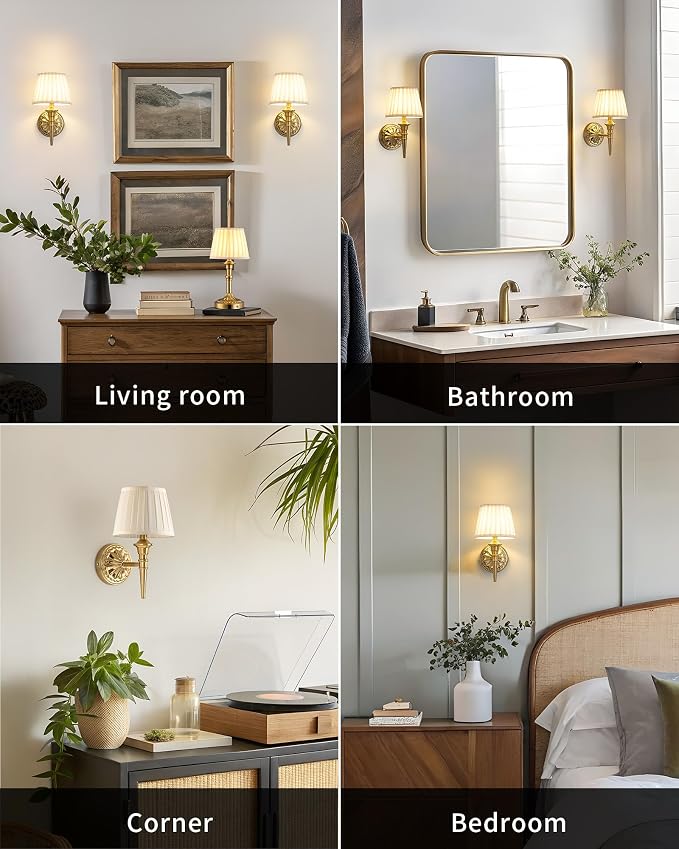 KDG Cordless Gold Wall Sconces Set of 2, Beige Fabric Lampshde Wall Lamps | Small LED Wireless Portable Rechargeable Battery Lighting for Wall Painting, Living Room, Bedroom, Hallway, Gifts, Nightlight